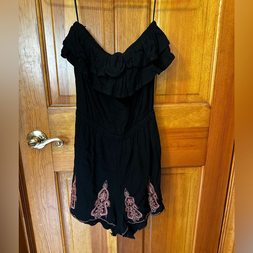 NWT Black Romper with Embroidered Pink Design